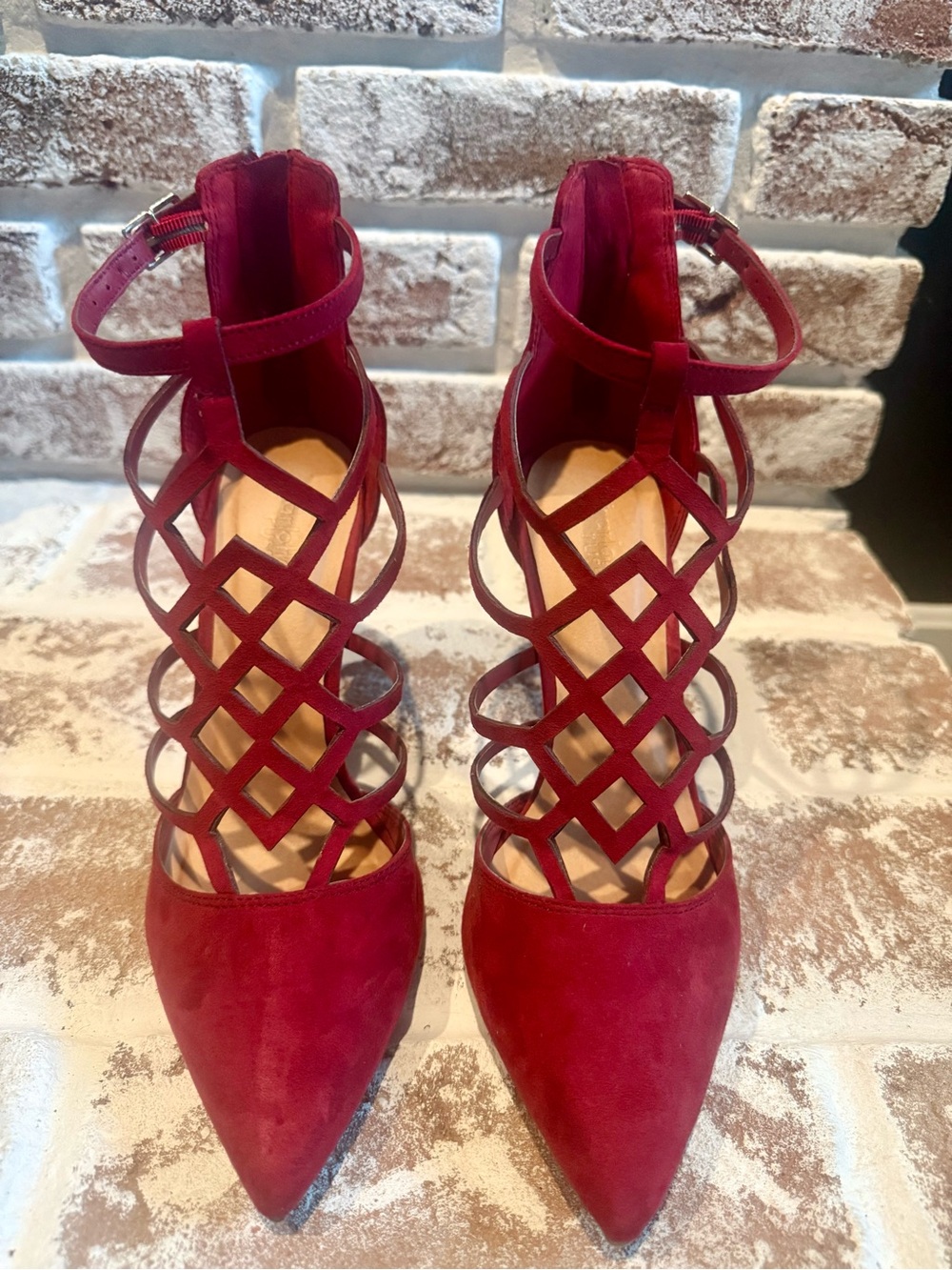Women's Red Suede Lattice Ankle-Strap Pumps-Size 8